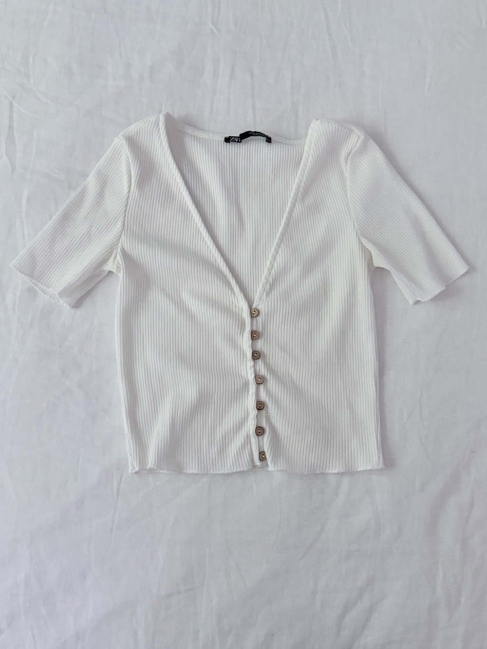 Zara White Ribbed Button-Down Top